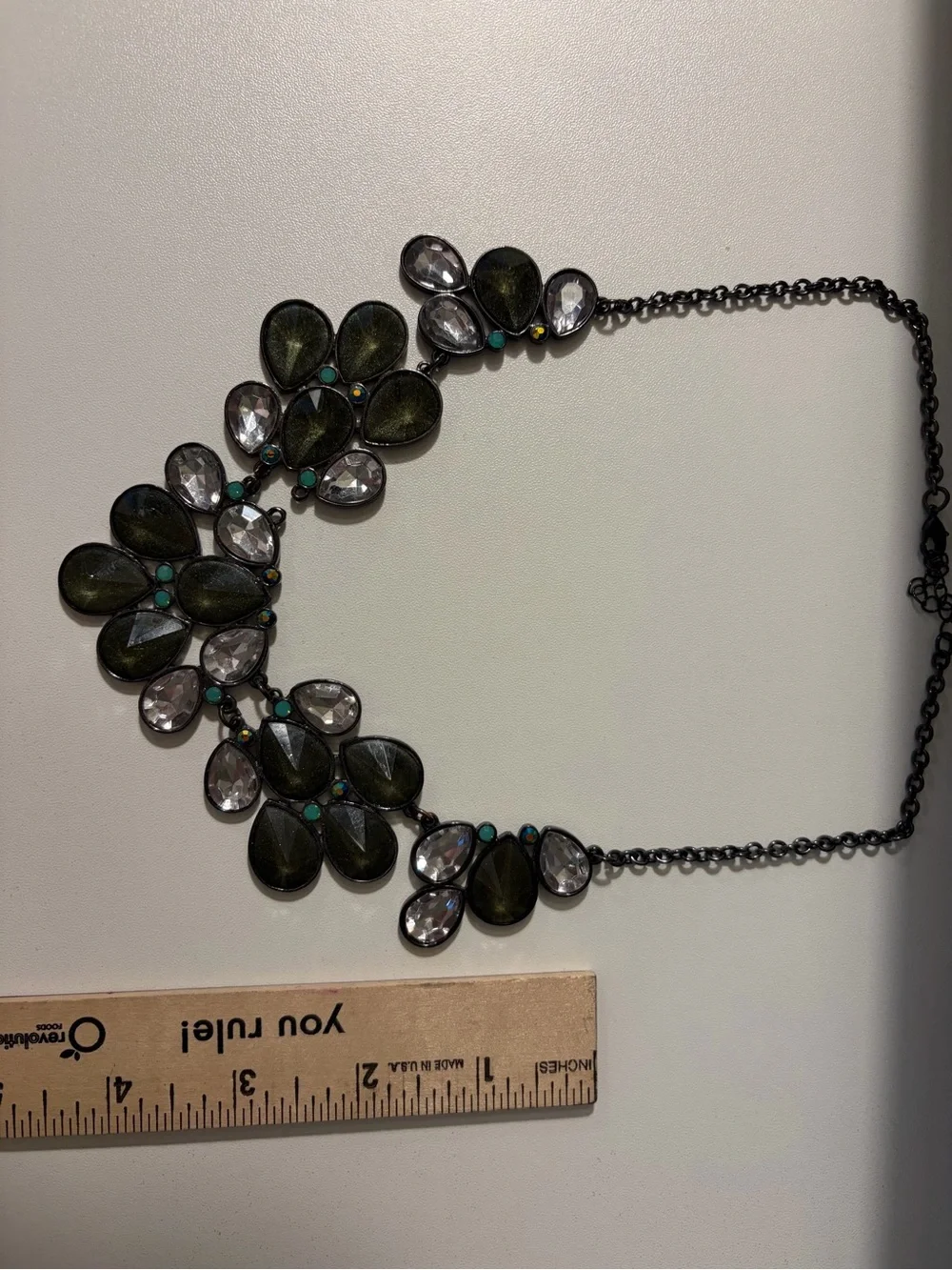 Statement Petal Necklace in Dark Olive with Clear and Turquoise Accents